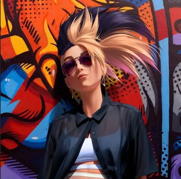 Ilustración estilizada de una mujer con el pelo al viento y lentes de sol frente a un mural colorido, una muestra del trabajo de ilustración de Loomkin.